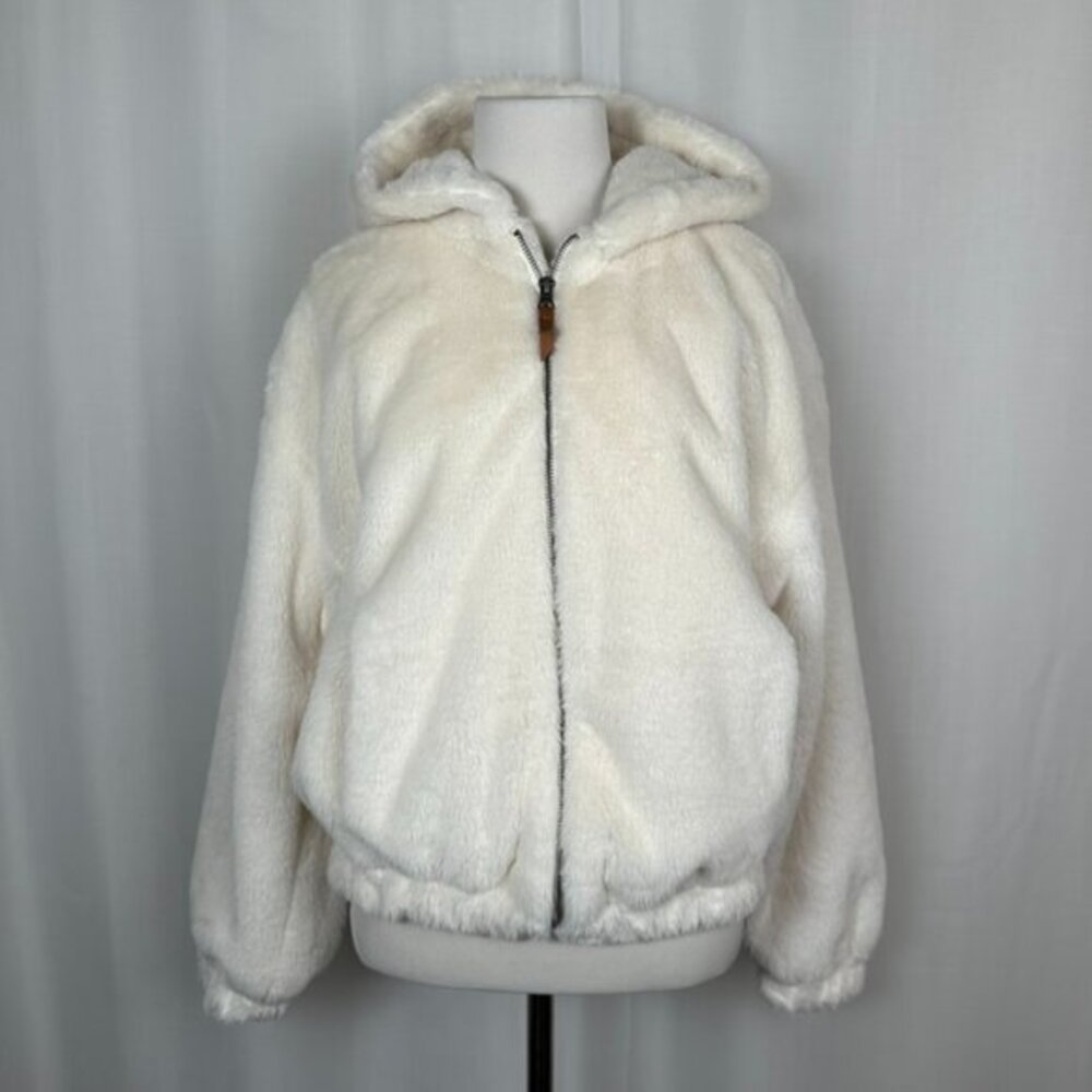 Thread & Supply Faux Fur Zip Jacket‎ Womens XS Hood Pockets Ivory Cream Vanilla
